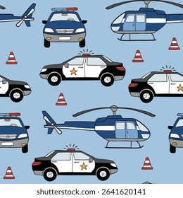 Seamless vector pattern with police car and helicopter. Hand drawn cityscape background. Perfect for textile, wallpaper or print design. EPS 10 vector file.