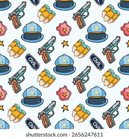 Seamless vector pattern of police gear in doodle style including gun, badge, bullets, and hat.