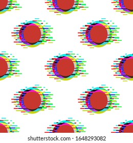 Seamless vector pattern with polka dot ornament with glitch effect on white background. Stock illustration for web, print, backgrounds and wallpaper