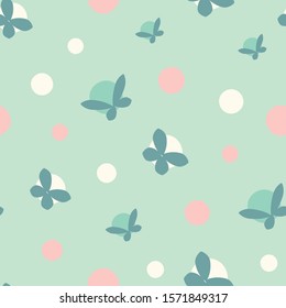 A seamless vector pattern with polka dots and butterflies in pastel teal and pink. Simple romantic surface print design. Great for backgrounds, cards, invitations and wrapping paper.