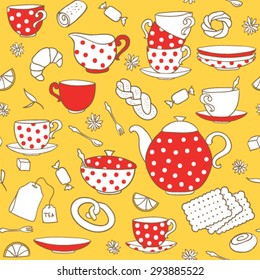 Seamless vector pattern with polka-dot porcelain, breakfast time, tea time