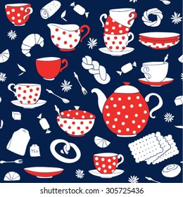 Seamless vector pattern with polka-dot porcelain, breakfast time, tea time