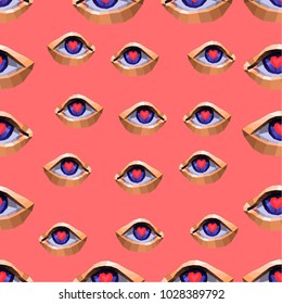 Seamless vector pattern with polygonal eyes with heart on a pink background