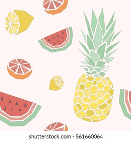 Seamless vector pattern with polygonal fruits: watermelon, pineapple, lemon and orange. Vector low poly illustration with colorful fruits.