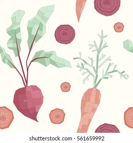 Seamless vector pattern with polygonal vegetables: carrot and beet. Vector low poly illustration.