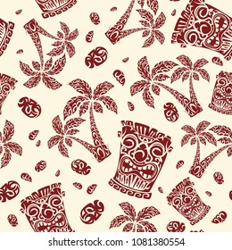 Seamless vector pattern. Polynesian exotic national patterns. Tiki Totem, palm, sea pebbles in a stylized form of dark red color against the background of the color of the old paper.