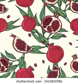 Seamless vector pattern with pomegranate and branch with leaves on white background. Wallpaper, fabric and textile design. Good for printing. Cute wrapping paper pattern with fruits.