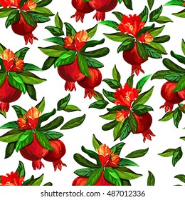 Seamless vector pattern with pomegranate and flowers.Template for print and textile.