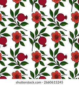 Seamless vector pattern of pomegranate fruits and flowers, a vibrant illustration with rich red and green colors, perfect for festive designs.