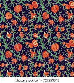 Seamless vector pattern with pomegranate fruits and flowers on dark blue background