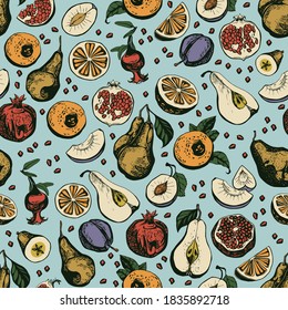 Seamless vector pattern of pomegranate, oranges, plums and pears fruits. Printing using natural organic elements.