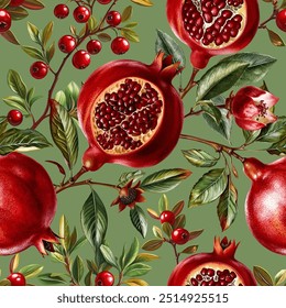 Seamless vector pattern with pomegranates and cranberry branches isolated on a changeable background. Vintage painting style illustration.