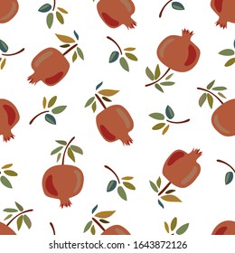 Seamless vector pattern with pomegranates on a white background. Pattern with fruits. Pattern for the kitchen. Pattern for fabric or paper.