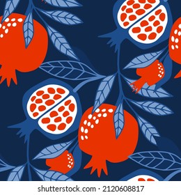 Seamless vector pattern with pomegranates on a blue background. Doodle fruits. For wallpaper, wrapping paper, textiles, postcards, web page backgrounds, interior decor, menus. Cartoon design.