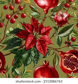 Seamless vector pattern with pomegranates, poinsettia flowers and berries isolated on a changeable background. Vintage painting style illustration.