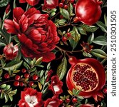 Seamless vector pattern with pomegranates, red garden flowers and berries isolated on a changeable background. Vintage painting style illustration.