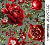 Seamless vector pattern with pomegranates, red garden flowers and berries isolated on a changeable background. Vintage painting style illustration.