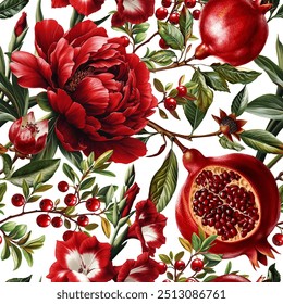 Padrão de vetor sem emenda com romãs, flores de jardim vermelho e bagas isoladas em um fundo mutável. Ilustração estilo pintura vintage.