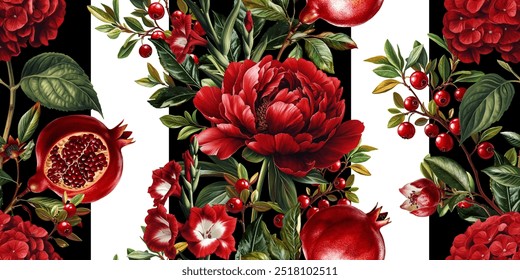 Seamless vector pattern with pomegranates, red garden flowers and berries isolated on a changeable background. Vintage painting style illustration.