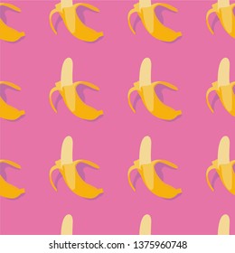 Seamless vector pattern pop art style of yellow bananas on pink background. Looks great rotated 30º