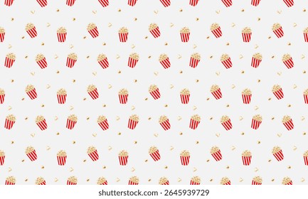 Padrão de vetor sem emenda com pipoca. Padrão para uma caixa com pipoca e flocos de pipoca. Fundo de vetor para lanches para cinema, circo, embalagem.