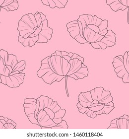 A seamless vector pattern with poppies. Black outline beautiful flowers on a pink background.