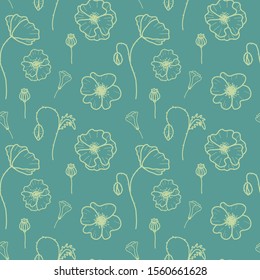 Seamless vector pattern with poppies flowers. Hand drawn doodle pattern. Autumn wallpaper on the green  background. Botanical print for fabric, textile, wrapping paper.