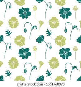Seamless vector pattern with poppies flowers. Hand drawn flower doodle pattern.  Botanical print for fabric, textile, wrapping paper.