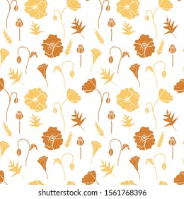 Seamless vector pattern with poppies flowers, leaves and poppy seeds. Hand drawn flower doodle pattern.  Botanical print for fabric, textile, wrapping paper.