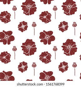 Seamless vector pattern with poppies flowers and poppy seeds. Hand drawn flower doodle pattern.  Botanical print for fabric, textile, wrapping paper.