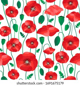 Seamless vector pattern with poppies flowers field. Remembrance day background.