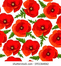 Seamless vector pattern with poppies flowers field.