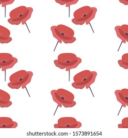 Seamless vector pattern with poppies. Hand drawn Red flowers on white background. decorative texture for fabric, Wallpaper, stationery, bedding.