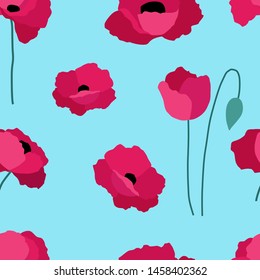 A seamless vector pattern with poppies. Red beautiful flowers on a blue background.