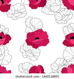 A seamless vector pattern with poppies. Red and outline beautiful flowers on a white background.