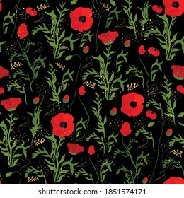 Seamless vector pattern with poppy flowers on a black background