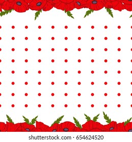 Seamless vector pattern. Poppy flowers line pattern on the white background with red  polka dots.
