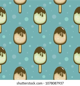 Seamless vector pattern with popsicle. Ice cream with chocolate glaze. Tasty summer dessert. Template for fabric and wrapping.