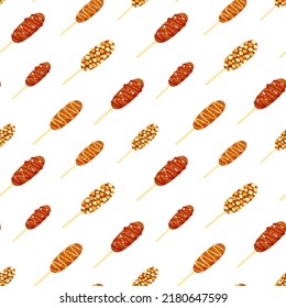 Seamless vector pattern with popular Asian street food corndogs. Hand-drawn in cartoon style fried hot corn dogs with sausage, cheese and sauce