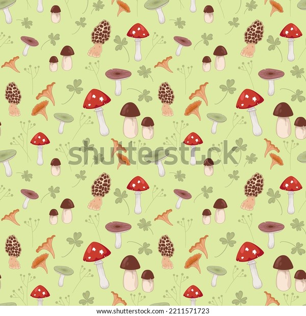Seamless vector\
pattern. Porcini, morel, chanterelle, russula mushrooms and amanita\
mushroom on a soft green background. For printing on fabric,\
wrapping and for\
illustration.