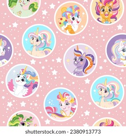 Patrón vectorial sin brillo con retratos de unicornios bonitos con estrellas en un fondo rosado. Para textiles, papel pintado o estampado, fiesta, ducha de bebé, diseño, decoración, lino, vajilla, prendas de vestir