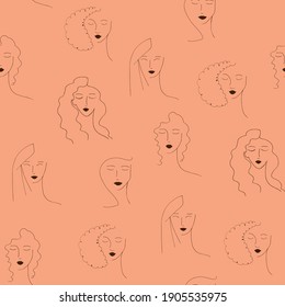 Seamless vector pattern with portraits of girls drawn with lines. Portrait in a modern style. Women's faces in a bar chart. Suitable for beauty salon, health, service industry, hair salon, beauty 