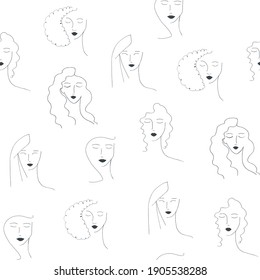 Seamless vector pattern with portraits of girls drawn in lines on a white background. Portrait in a modern style. Women's faces in a simple graphic drawing.