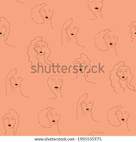 Seamless vector pattern with portraits of girls drawn with lines. Portrait in a modern style. Women's faces in a bar chart. Suitable for beauty salon, health, service industry, hair salon, beauty 