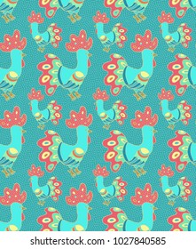 Seamless vector pattern with portugal roosters on turquoise dots background