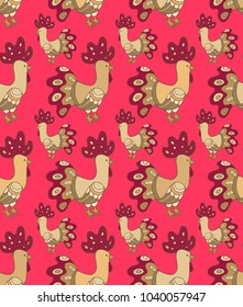 Seamless vector pattern with portugal roosters Barcelos on pink background