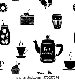 Seamless vector pattern with pot, cup, mason jar, coffee, fruit smoothie, croissants, donut, cake, cupcake.Black and white colors. Design element for fabric, wrapping paper, textile.
