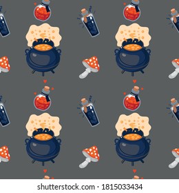 Seamless vector pattern with potion and pot for Halloween.