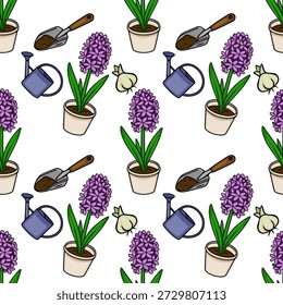 Seamless vector pattern of potted hyacinth flowers, watering cans, and garden trowels