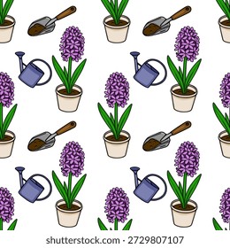 Seamless vector pattern of potted hyacinths, watering cans, and garden trowels